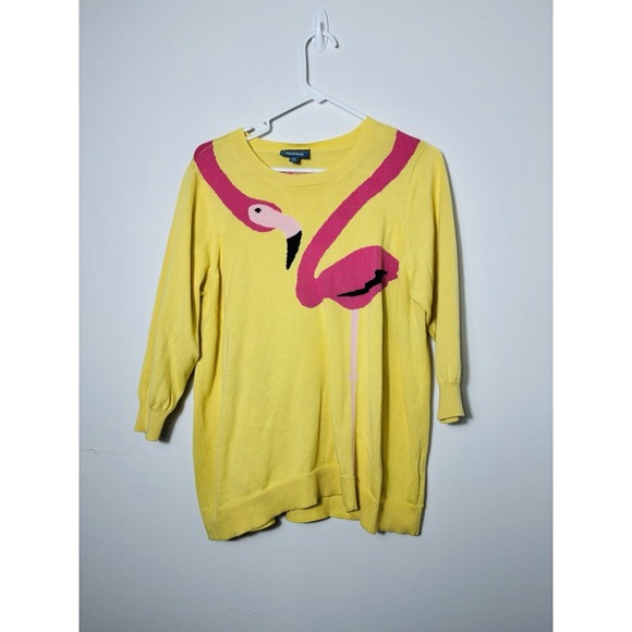 Modcloth Sweaters - ModCloth Sweater Sz XL Yellow Flamingo Knit‎ 100% Cotton 3/4 Sleeve Novelty
